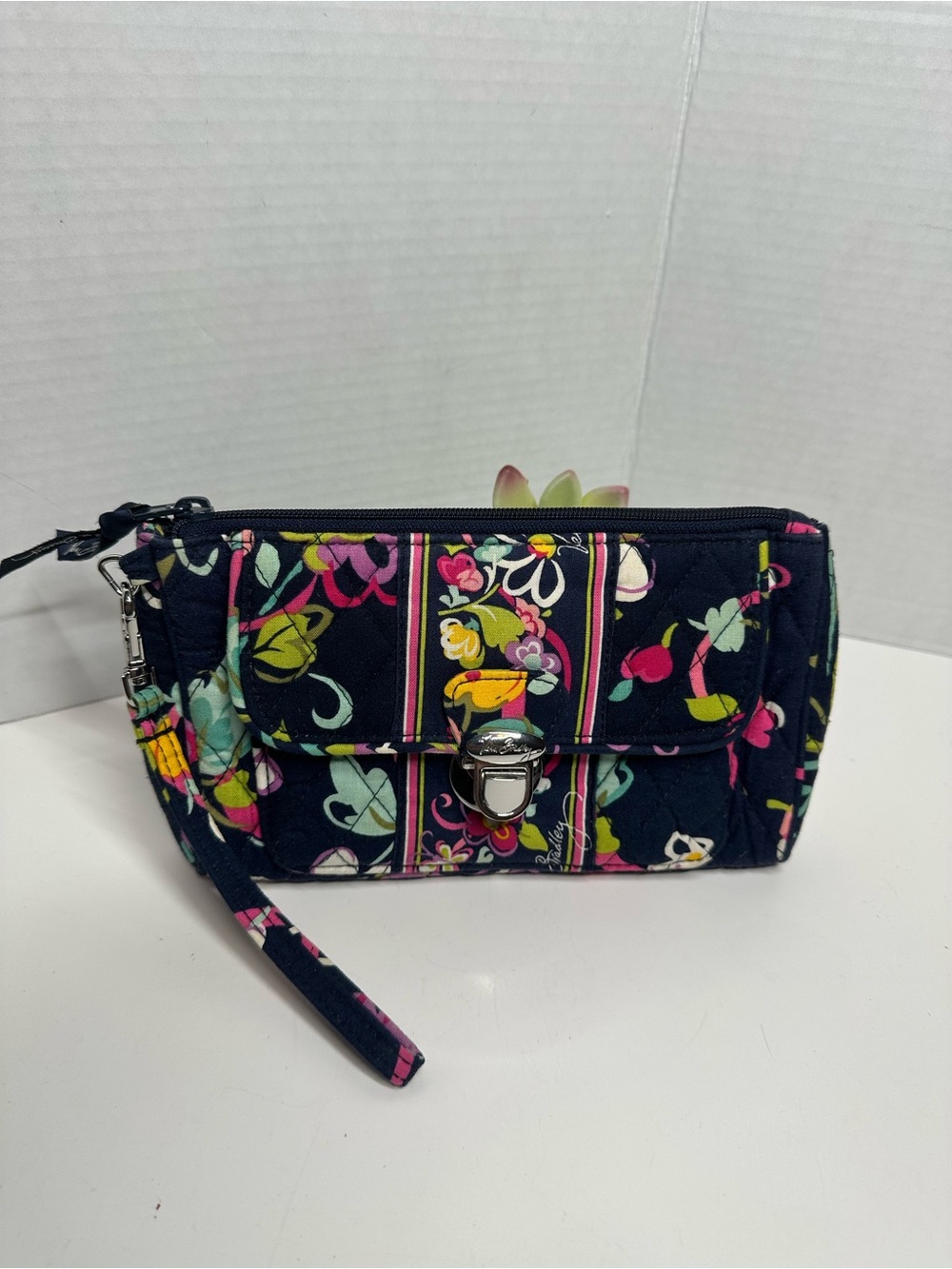 Vera Bradley Navy Quilted Floral Wristlet with Pink & Yellow Accents